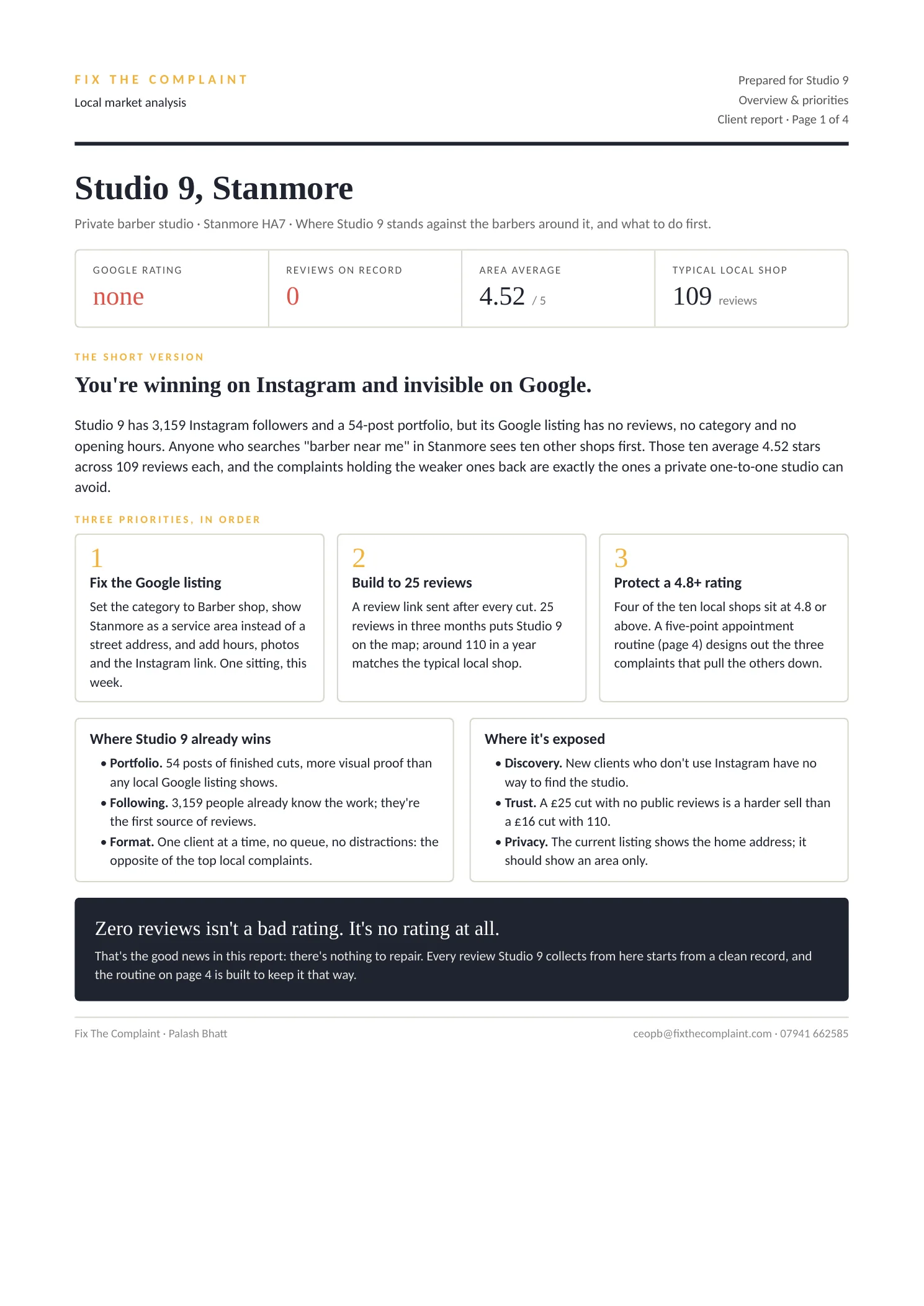 Page 1 of the Studio 9 report: overview and three priorities