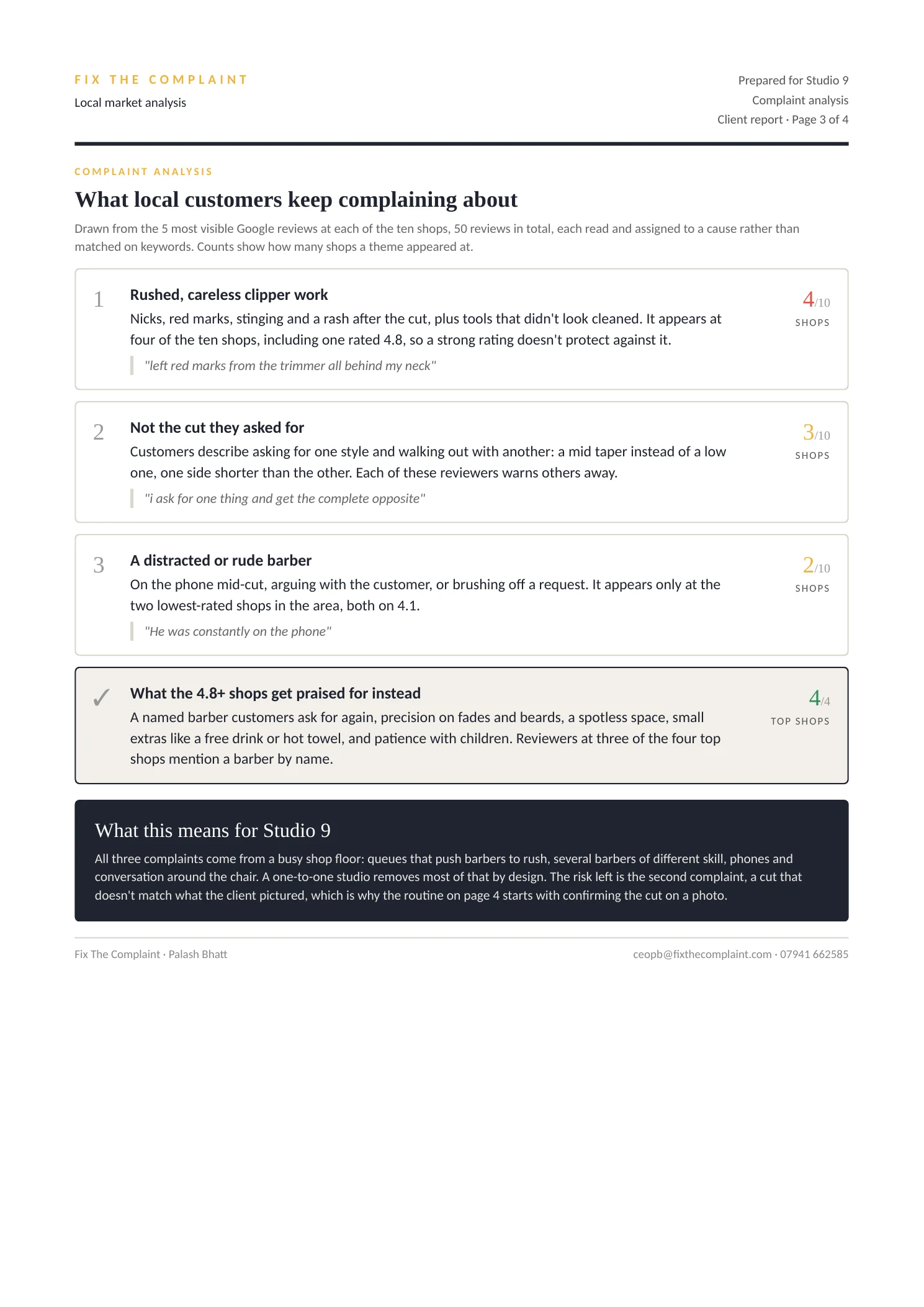 Page 3 of the Studio 9 report: complaint analysis